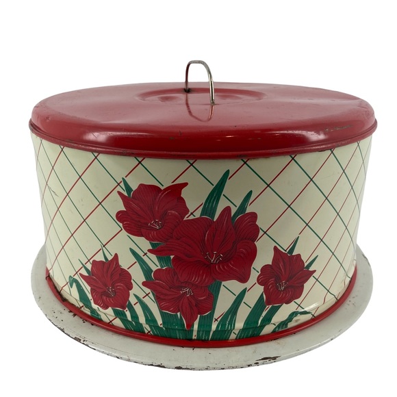 Vintage Mid Century 1950s Floral Metal Cake Carrier Amaryllis Farmhouse Decor